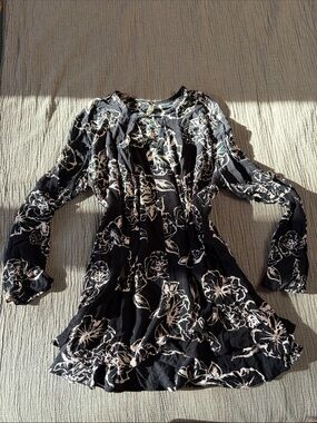 Free People Black Floral Long Sleeve Mini Dress Tunic